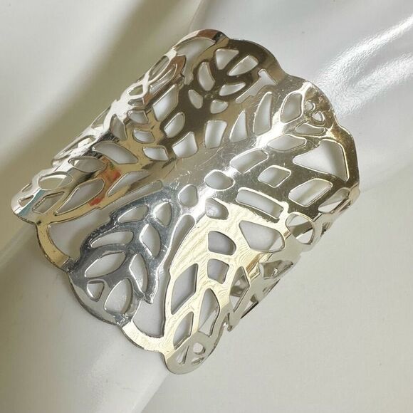 SILVER TONE  EXTRA WIDE FILIGREE CUT OUT  CUFF BRACELET - Picture 2 of 7